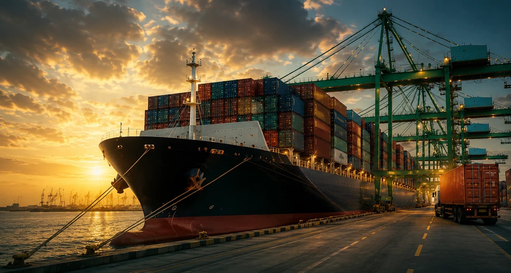 Cargo ship at port with containers and cranes
